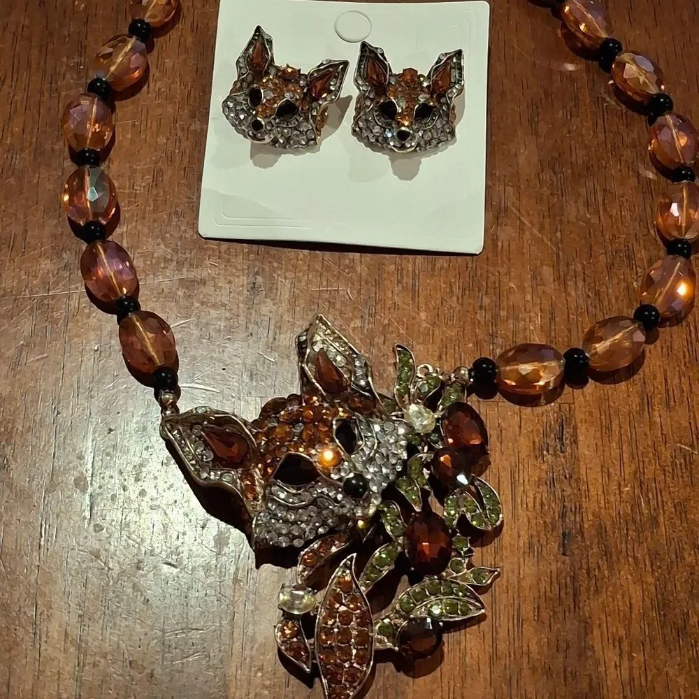 Bohemian Fox Rhinestone Crystal Statement Necklace & Earring Set